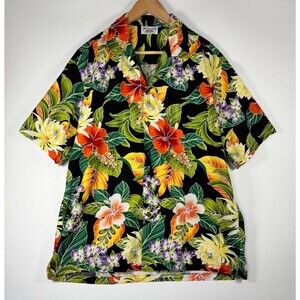 Pacific Legend Hawaiian Shirt Mens XL Black Floral‎ Tropical Made in USA Aloha